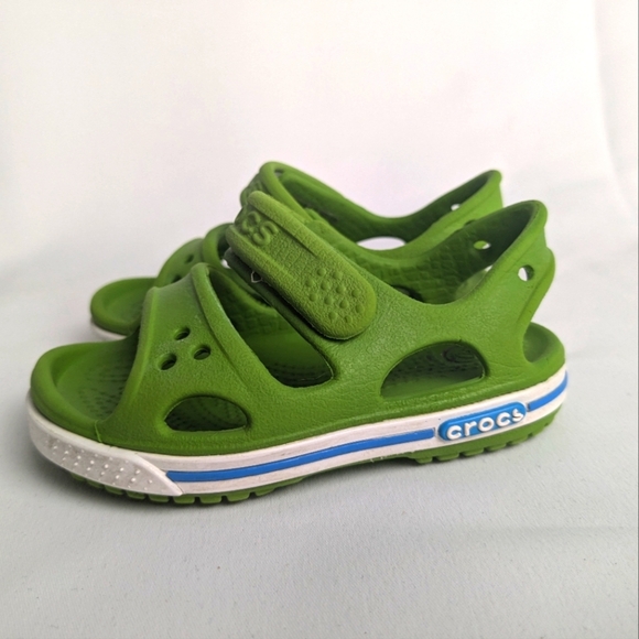 CROCS Baby Sandals Size 4 Green And White Waterproof Hoop And Loops - Picture 3 of 7
